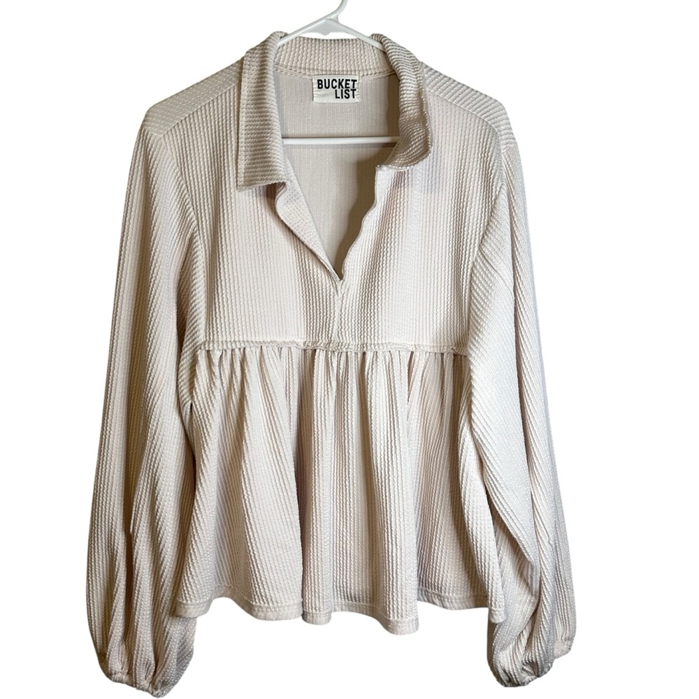 Bucketlist Cream Any Time Soft Textured Bubble Sleeve Top Baby Doll‎ T1902 Large
